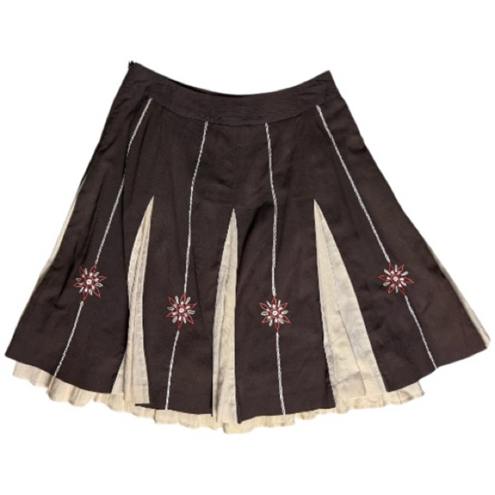 Ann Taylor LOFT women's Boho floral embroidered ruffle skirt in brown and cream.